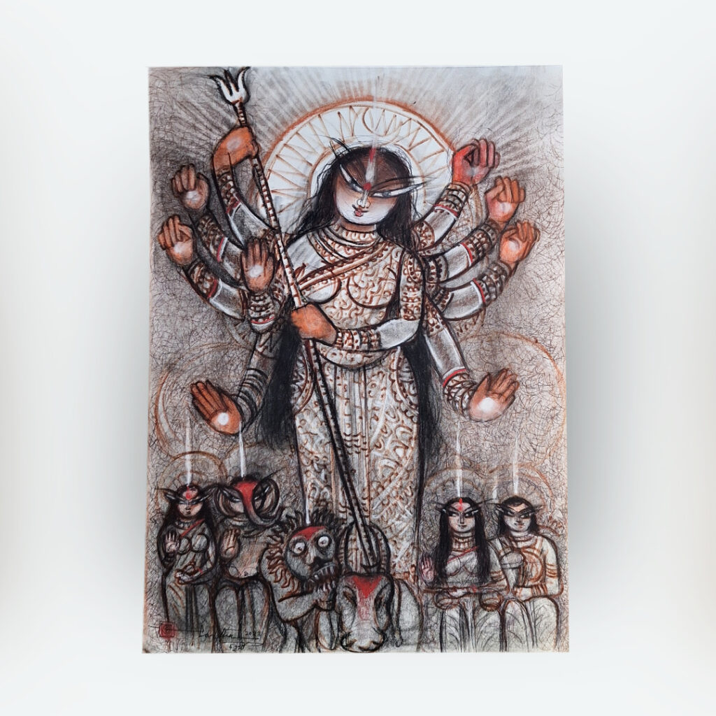 Durga painting in the rural India art style by late Contemporary Artist Partha Bhattacharjee