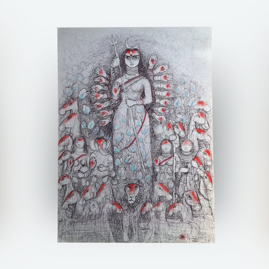 Durga painting painted by Indian contemporary artist Partha Bhattacharjee