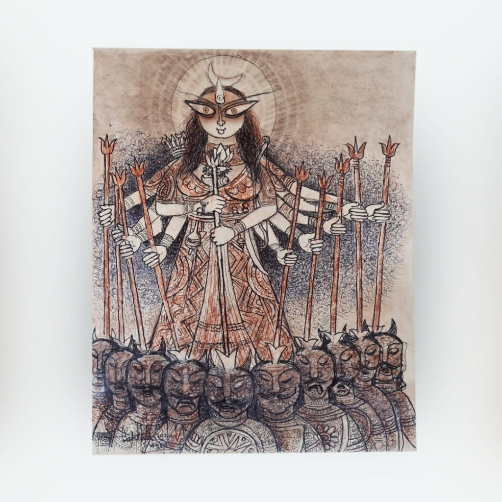 Goddess Durga painting by late Indian contemporary artist Partha Bhattacharjee